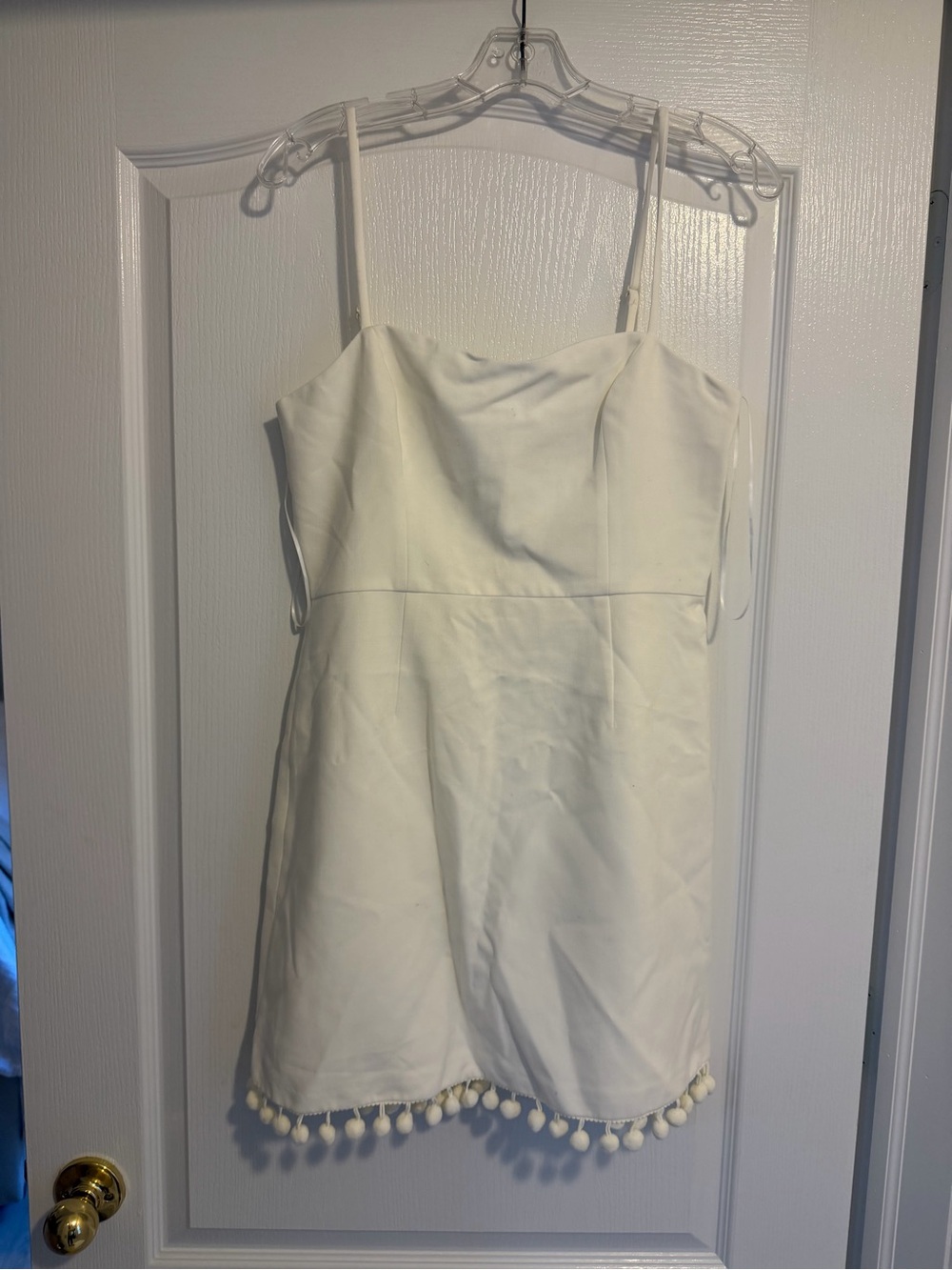 French Connection White Spaghetti-Strap Mini Dress with Pom Pom Hem